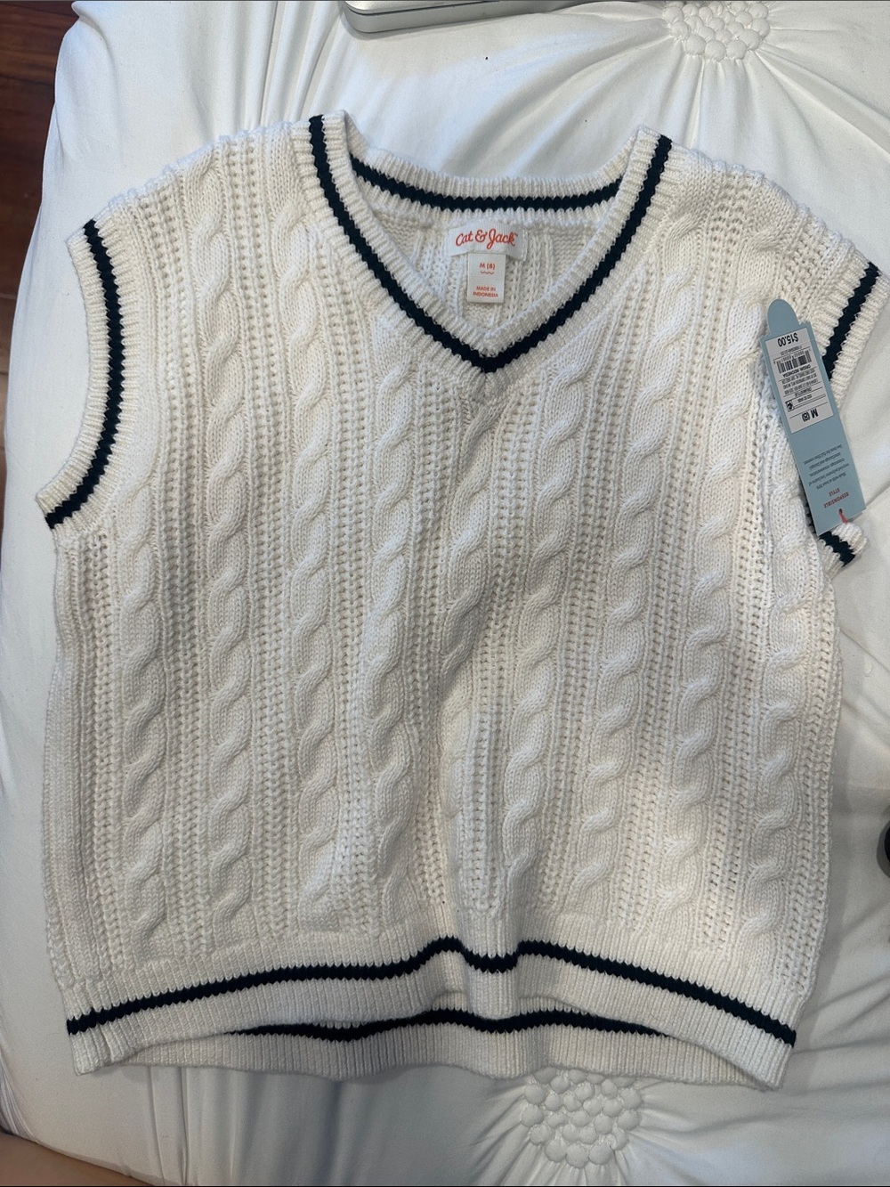 Cat & Jack White Cable Knit Sleeveless Sweater Vest with Navy Trim